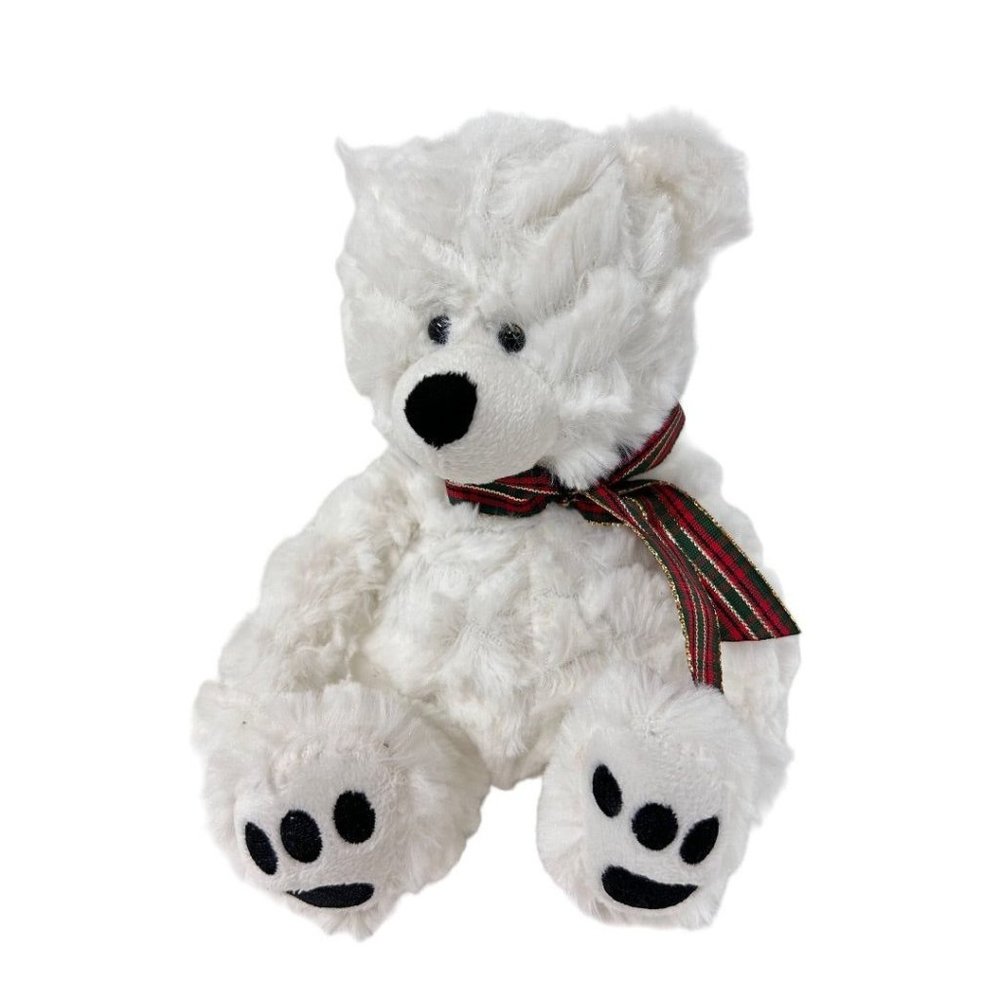 Ganz White Plush Teddy 7" H Plaid Holiday Bow